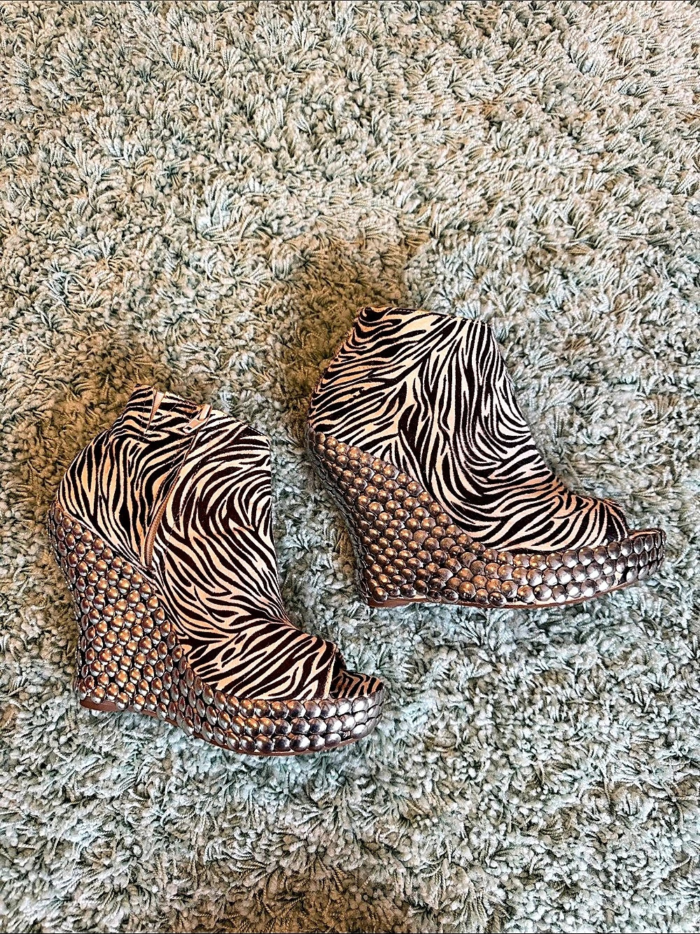 Vintage LF X JC Jeffrey Campbell zebra print studded wedge ankle boots Y2K